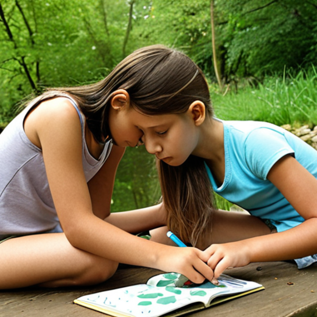 **Outdoor Experiential Learning:** A diverse group of children, aged 8-12, actively engaged in hands-on learning within a lush natural environment. One child is counting pebbles and measuring distances in a park, another is observing pond life with a magnifying glass, and a third is sketching leaves in a journal. The scene emphasizes natural light, a sense of discovery, and the seamless integration of subjects like math, biology, and art.