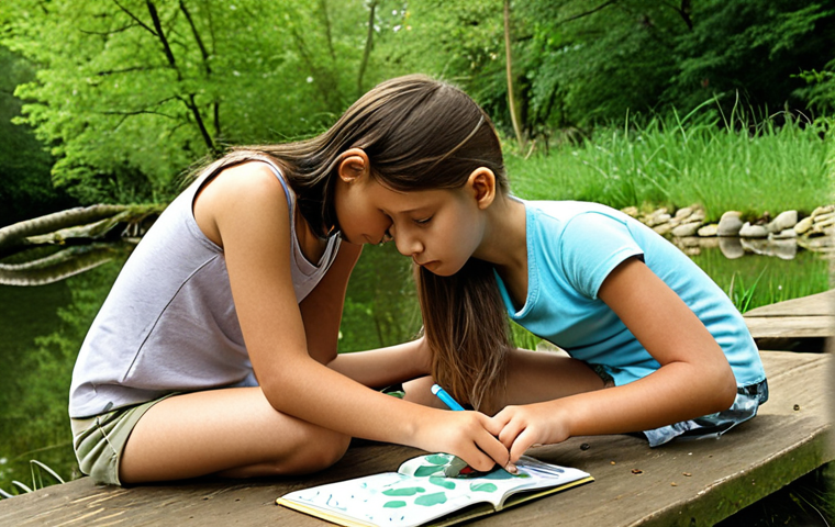 **Outdoor Experiential Learning:** A diverse group of children, aged 8-12, actively engaged in hands-on learning within a lush natural environment. One child is counting pebbles and measuring distances in a park, another is observing pond life with a magnifying glass, and a third is sketching leaves in a journal. The scene emphasizes natural light, a sense of discovery, and the seamless integration of subjects like math, biology, and art.