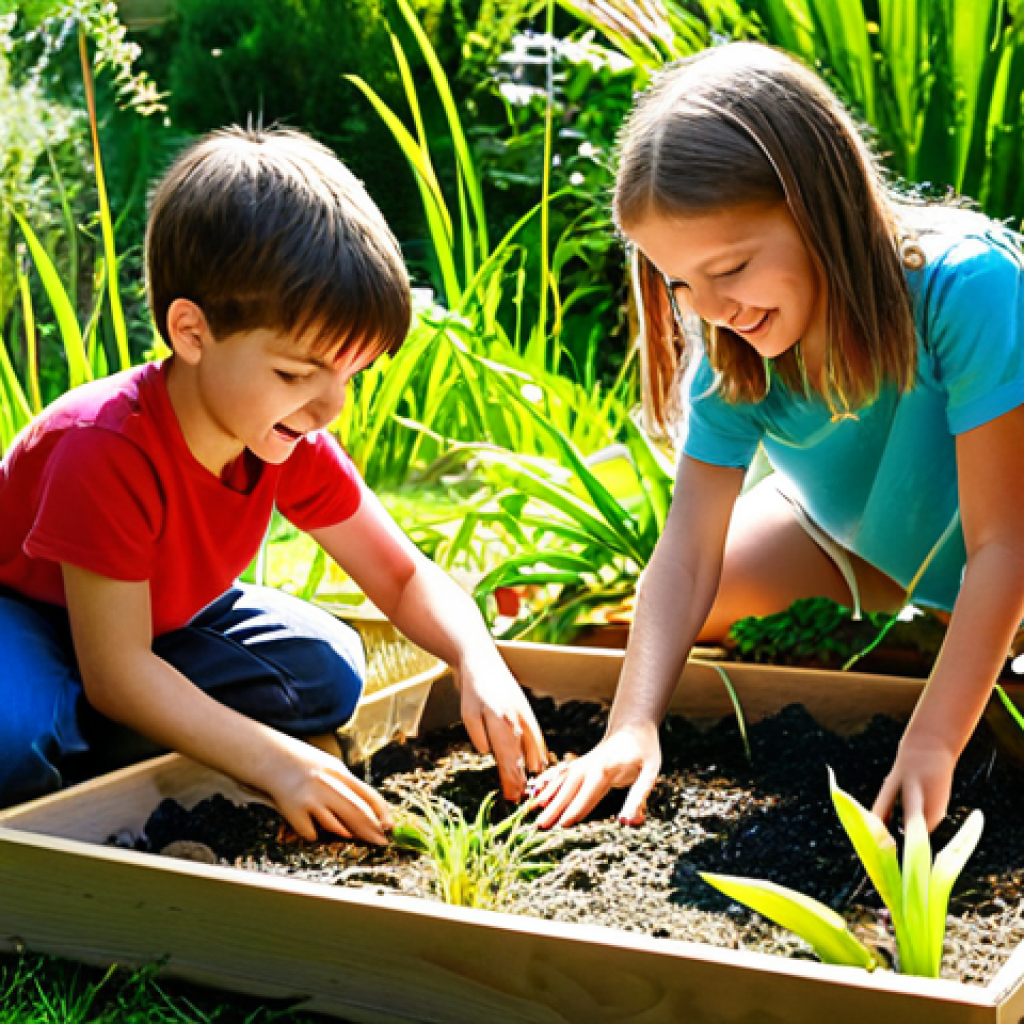 A group of children enthusiastically building a miniature wetland ecosystem in their backyard, complete with small plants, water, and tiny creatures. The scene emphasizes hands-on learning and discovery in a natural setting, with bright sunlight and lush greenery. Focus on the joy and engagement of the kids as they work together.