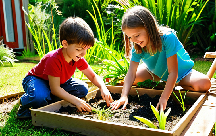 A group of children enthusiastically building a miniature wetland ecosystem in their backyard, complete with small plants, water, and tiny creatures. The scene emphasizes hands-on learning and discovery in a natural setting, with bright sunlight and lush greenery. Focus on the joy and engagement of the kids as they work together.