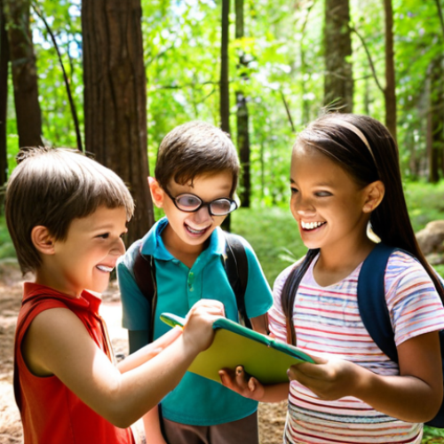 Home 25 **
A group of diverse children excitedly participating in a nature scavenger hunt in a sun-dappled forest. They are using magnifying glasses to examine leaves and insects, guided by a smiling adult leader holding a clipboard. The scene emphasizes hands-on learning and engagement with the environment. Focus on bright, natural lighting and the joy of discovery.
**