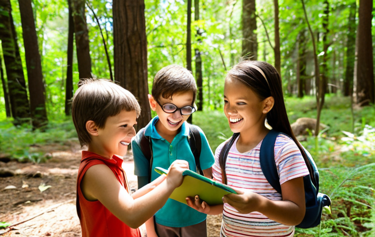 **
A group of diverse children excitedly participating in a nature scavenger hunt in a sun-dappled forest. They are using magnifying glasses to examine leaves and insects, guided by a smiling adult leader holding a clipboard. The scene emphasizes hands-on learning and engagement with the environment. Focus on bright, natural lighting and the joy of discovery.
**