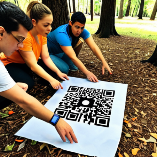Home 24 **A vibrant outdoor escape room scene**: Teams are huddled around a cryptic map under the shade of trees. QR codes are visibly placed on objects, with augmented reality elements subtly overlayed. The atmosphere is one of focused collaboration and excitement.
