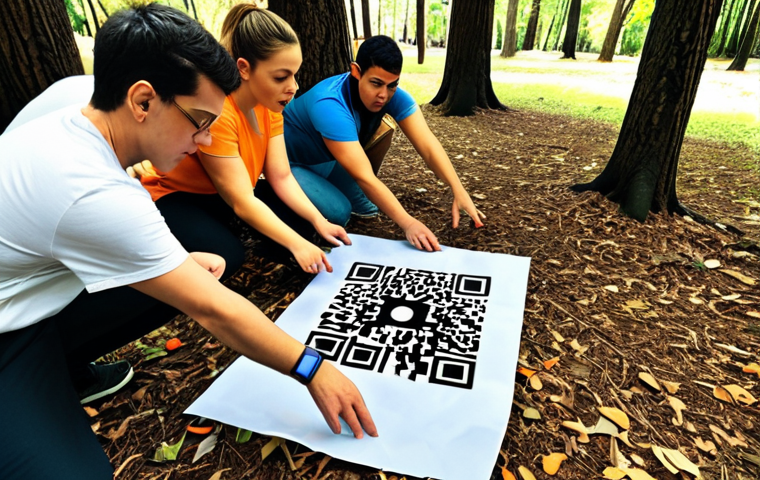 **A vibrant outdoor escape room scene**: Teams are huddled around a cryptic map under the shade of trees. QR codes are visibly placed on objects, with augmented reality elements subtly overlayed. The atmosphere is one of focused collaboration and excitement.