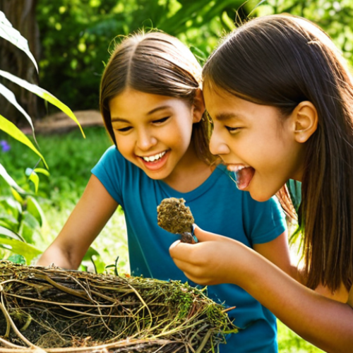 Home 23 **Image Prompt:** A group of diverse children enthusiastically participating in a nature scavenger hunt in a vibrant park setting. One child is using a magnifying glass to examine a leaf, while another points excitedly at a bird's nest. The background features lush greenery and dappled sunlight, creating a sense of adventure and discovery. The overall mood is joyful and educational.