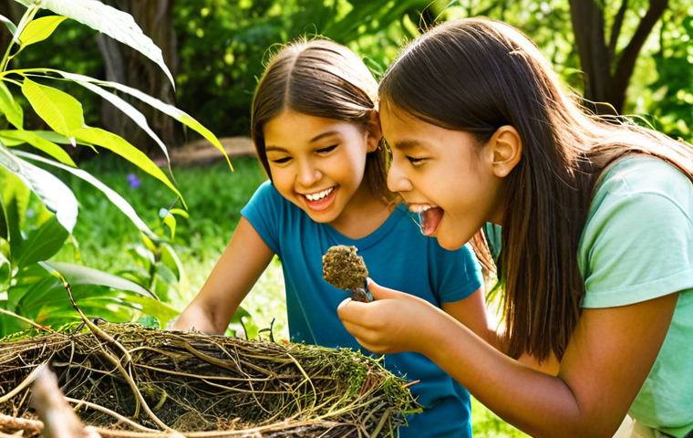 **Image Prompt:** A group of diverse children enthusiastically participating in a nature scavenger hunt in a vibrant park setting. One child is using a magnifying glass to examine a leaf, while another points excitedly at a bird's nest. The background features lush greenery and dappled sunlight, creating a sense of adventure and discovery. The overall mood is joyful and educational.