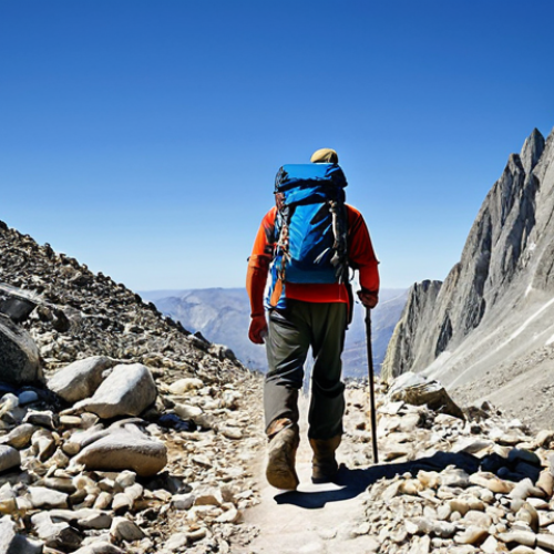 Home 10 An adult male hiker in modest, appropriate hiking attire, sturdy boots, and a practical backpack, navigating a steep, rocky trail in the Sierra Nevada mountains. The path is challenging, with loose scree, and the hiker's posture conveys determination. The background features rugged mountain peaks and a clear sky, emphasizing the vastness of nature. The image captures the essence of perseverance. Professional photography, high detail, realistic, perfect anatomy, correct proportions, natural pose, well-formed hands, proper finger count, natural body proportions, fully clothed, appropriate attire, modest clothing, safe for work, appropriate content, family-friendly.