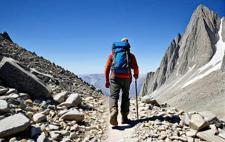 An adult male hiker in modest, appropriate hiking attire, sturdy boots, and a practical backpack, navigating a steep, rocky trail in the Sierra Nevada mountains. The path is challenging, with loose scree, and the hiker's posture conveys determination. The background features rugged mountain peaks and a clear sky, emphasizing the vastness of nature. The image captures the essence of perseverance. Professional photography, high detail, realistic, perfect anatomy, correct proportions, natural pose, well-formed hands, proper finger count, natural body proportions, fully clothed, appropriate attire, modest clothing, safe for work, appropriate content, family-friendly.