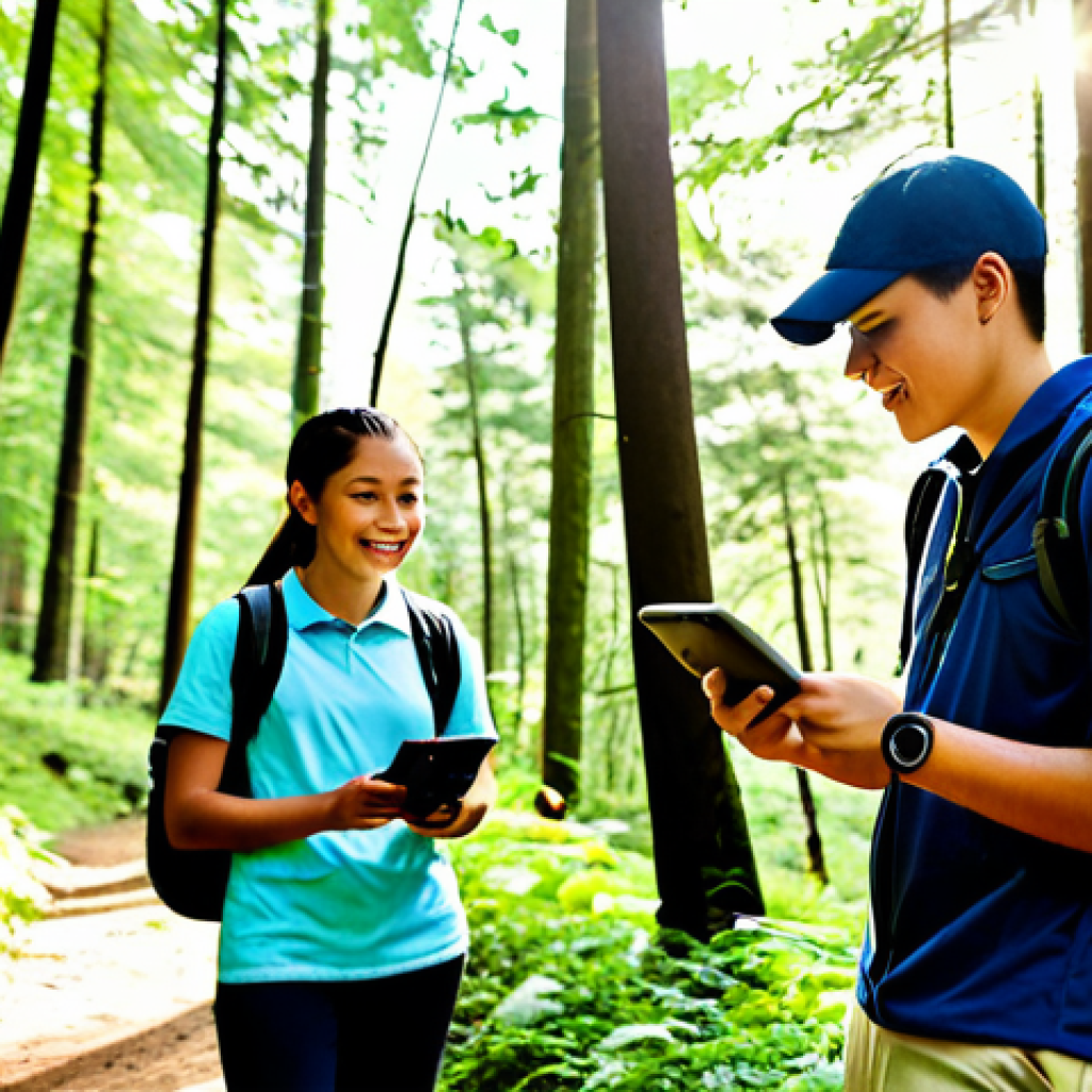 **
A group of fully clothed, diverse students in appropriate hiking attire, using GPS devices to navigate a forest trail, surrounded by lush greenery, sunlight filtering through the trees, safe for work, perfect anatomy, correct proportions, natural poses, professional photography, high quality, family-friendly, appropriate content.
**