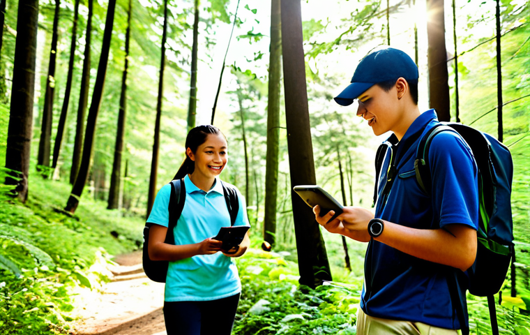 **
A group of fully clothed, diverse students in appropriate hiking attire, using GPS devices to navigate a forest trail, surrounded by lush greenery, sunlight filtering through the trees, safe for work, perfect anatomy, correct proportions, natural poses, professional photography, high quality, family-friendly, appropriate content.
**