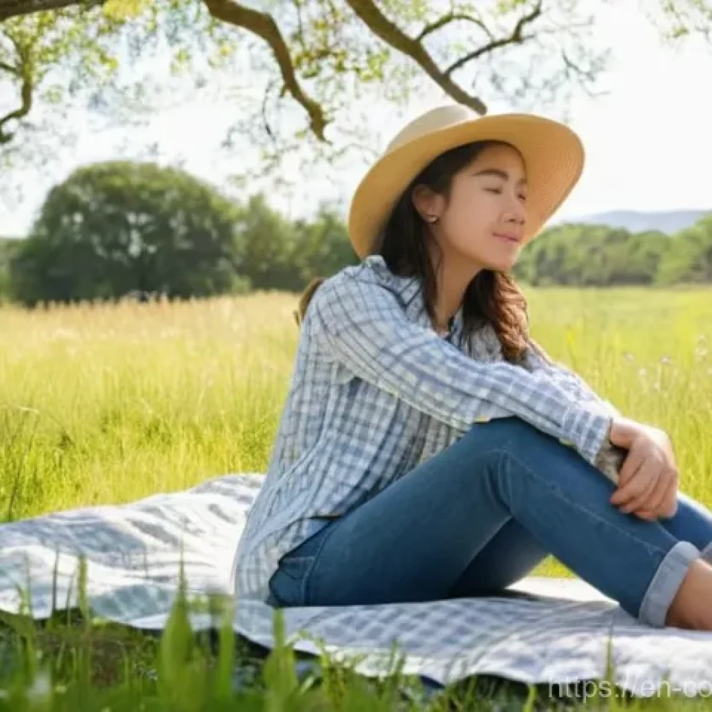 자연 속에서의 문학 교육 - **Prompt:** A young woman, approximately 20-25 years old, is comfortably seated on a soft, checkered...