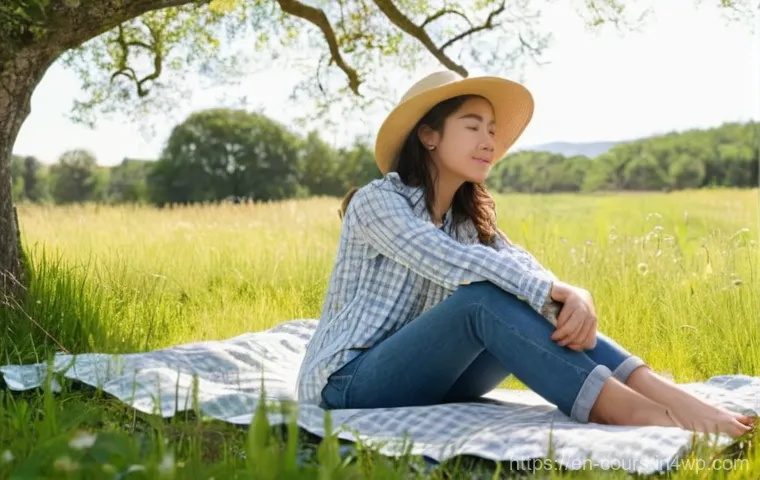 자연 속에서의 문학 교육 - **Prompt:** A young woman, approximately 20-25 years old, is comfortably seated on a soft, checkered...