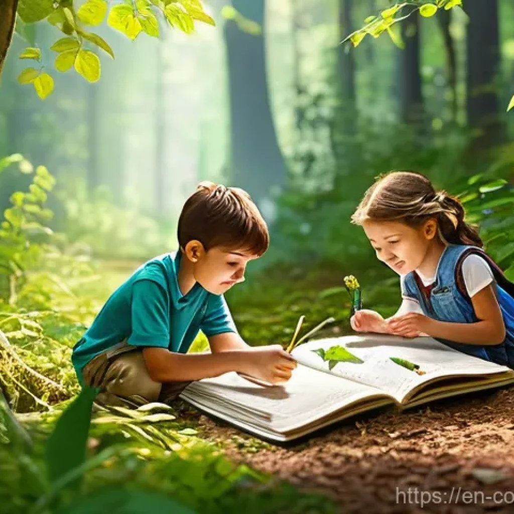 야외 학습과 환경 보호 의식 강화 - **Prompt:** A vibrant outdoor classroom scene. A diverse group of elementary school-aged children (a...