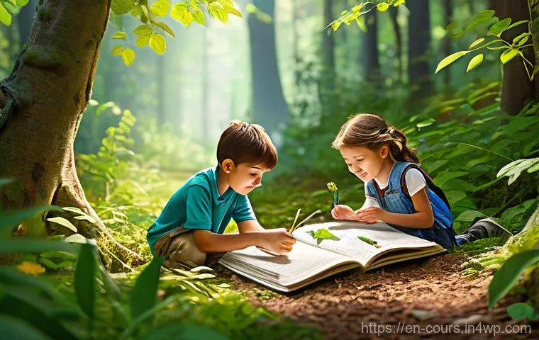 야외 학습과 환경 보호 의식 강화 - **Prompt:** A vibrant outdoor classroom scene. A diverse group of elementary school-aged children (a...