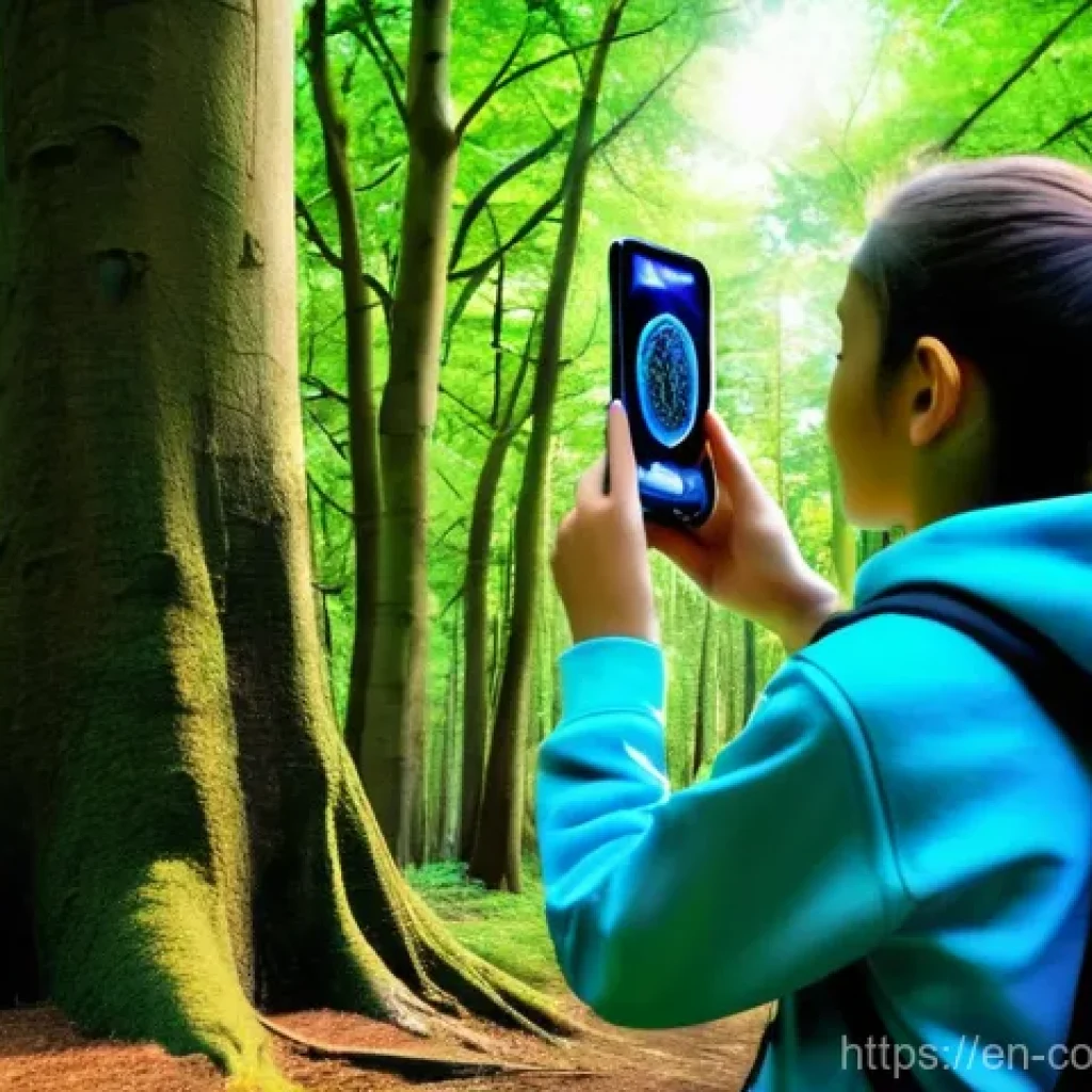 야외 학습을 위한 교육적 기술 도구 - **Augmented Reality Forest Discovery**
A wide shot of a bright, sun-dappled temperate forest in ...