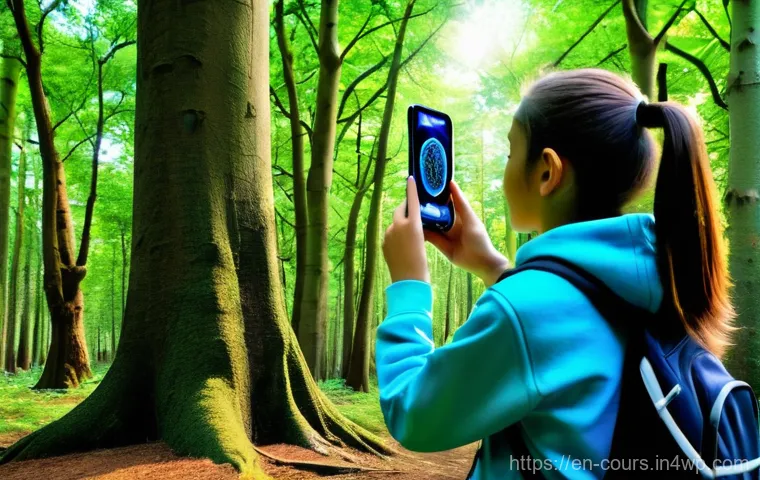 야외 학습을 위한 교육적 기술 도구 - **Augmented Reality Forest Discovery**
    A wide shot of a bright, sun-dappled temperate forest in ...