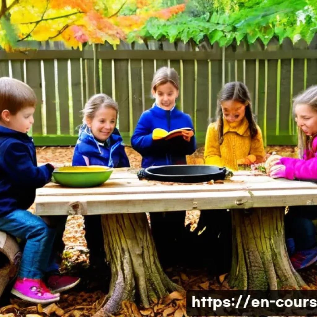 야외 학습 환경 조성 방법 - **Prompt:** A vibrant outdoor learning sanctuary bathed in warm, soft sunlight. Focus on elementary ...