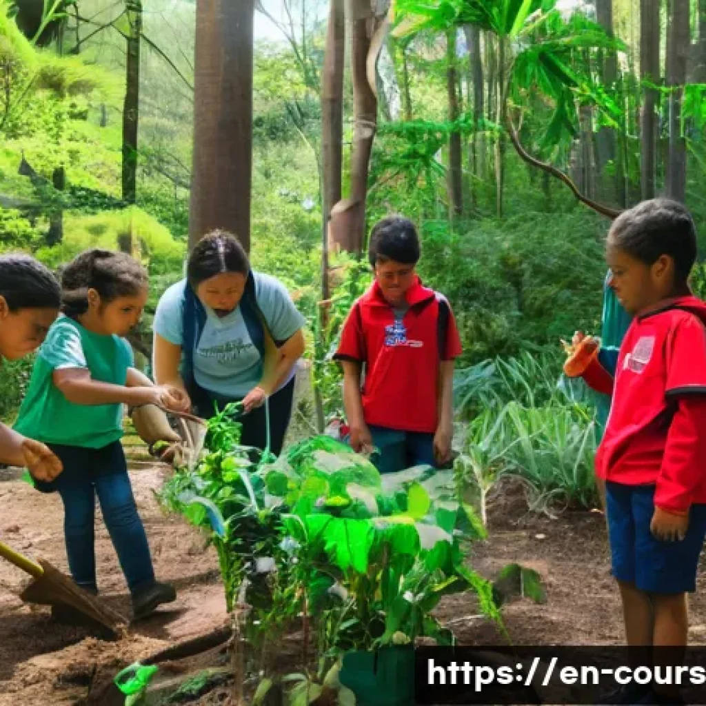 야외 학습의 지속 가능성 챌린지 - A vibrant outdoor classroom scene with diverse students wearing weather-appropriate clothing and ada...