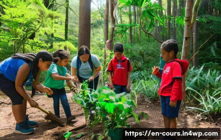 야외 학습의 지속 가능성 챌린지 - A vibrant outdoor classroom scene with diverse students wearing weather-appropriate clothing and ada...