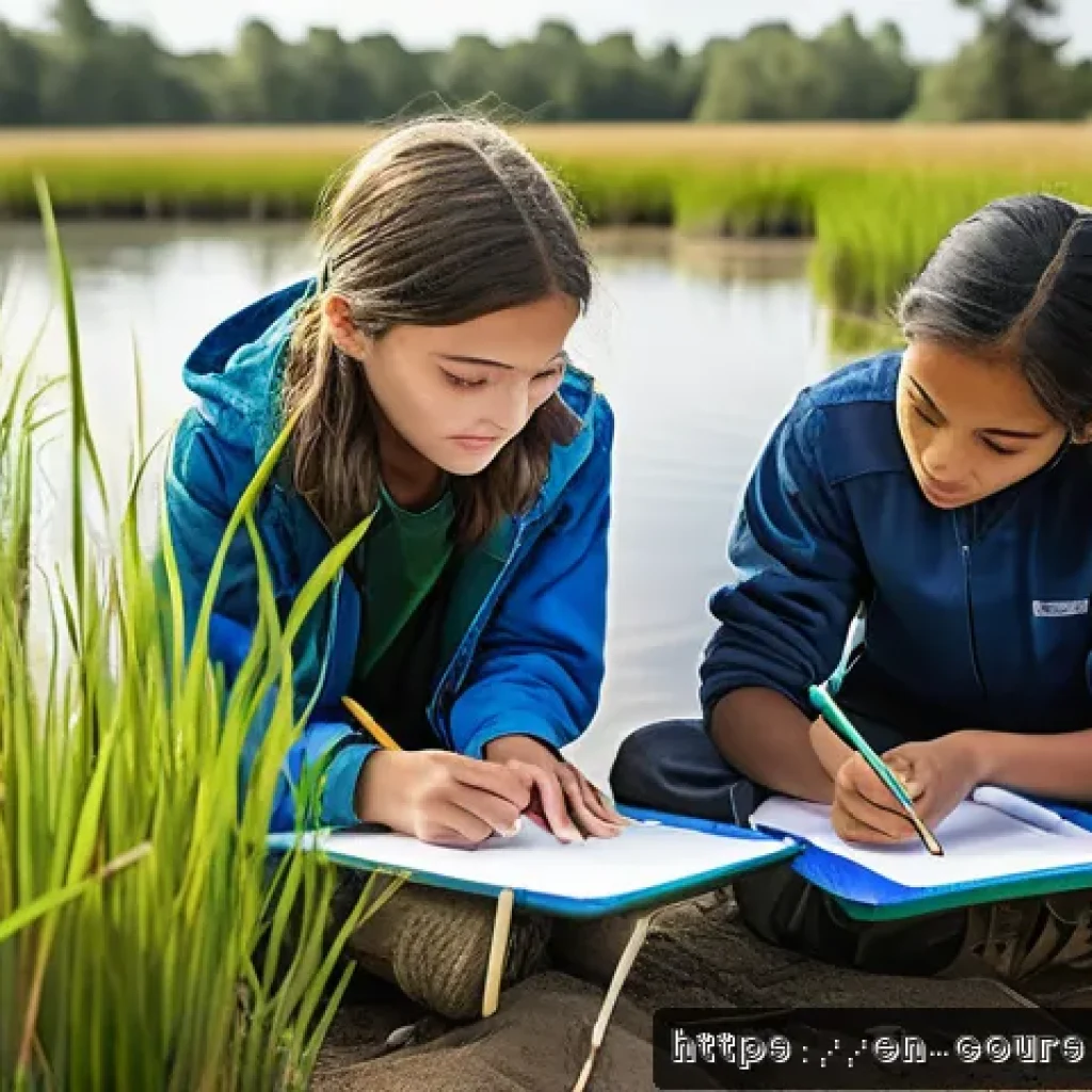 야외 학습과 STEM 교육의 융합 - A diverse group of middle school students wearing casual outdoor clothing and sturdy shoes, actively...