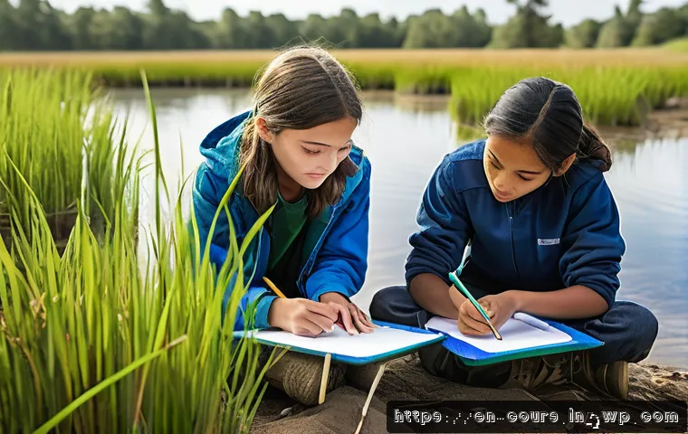 야외 학습과 STEM 교육의 융합 - A diverse group of middle school students wearing casual outdoor clothing and sturdy shoes, actively...