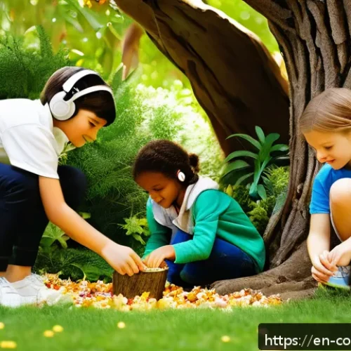 Home 32 주변 환경 활용한 야외 수업 아이디어 - A vibrant outdoor sensory exploration station set in a sunlit garden, featuring children around 10 y...