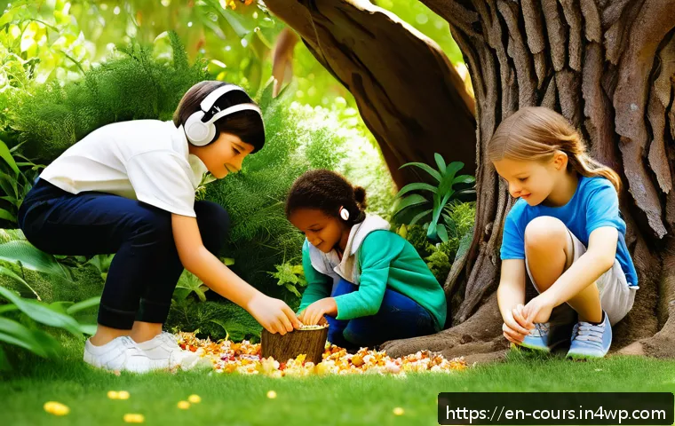 주변 환경 활용한 야외 수업 아이디어 - A vibrant outdoor sensory exploration station set in a sunlit garden, featuring children around 10 y...