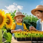 Home 19 과학 탐구를 위한 야외 활동 - A detailed outdoor scene showing a family with children conducting a plant growth experiment in a su...