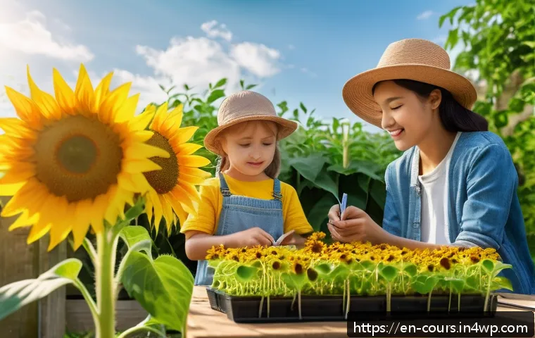 과학 탐구를 위한 야외 활동 - A detailed outdoor scene showing a family with children conducting a plant growth experiment in a su...