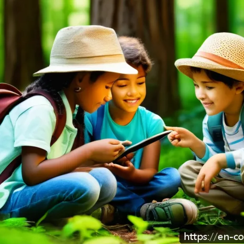 야외 학습을 위한 멘토링 프로그램 - A diverse group of young children wearing comfortable outdoor clothing and backpacks, attentively ga...