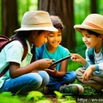 Home 18 야외 학습을 위한 멘토링 프로그램 - A diverse group of young children wearing comfortable outdoor clothing and backpacks, attentively ga...