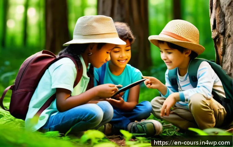 야외 학습을 위한 멘토링 프로그램 - A diverse group of young children wearing comfortable outdoor clothing and backpacks, attentively ga...