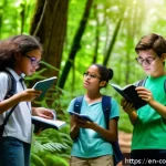 Home 23 야외 교육 프로그램의 장점 - A diverse group of middle school students wearing casual outdoor clothes and backpacks, engaged in h...