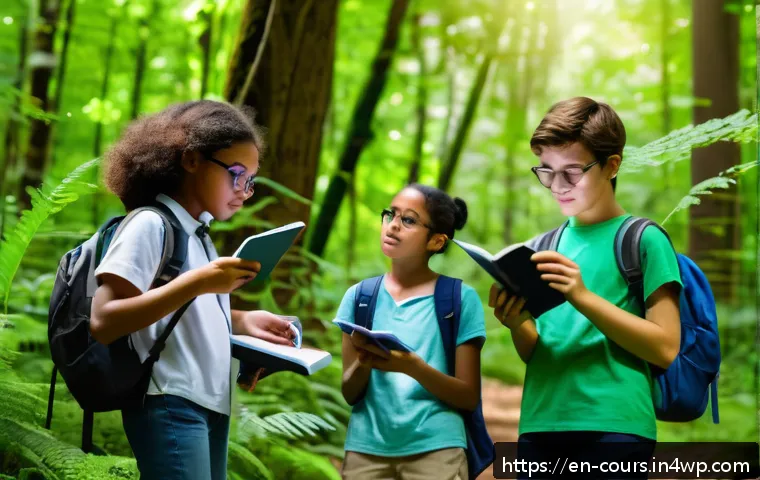 야외 교육 프로그램의 장점 - A diverse group of middle school students wearing casual outdoor clothes and backpacks, engaged in h...
